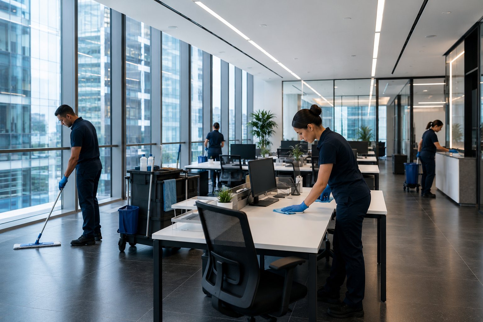 Équipe CN PROPRE en intervention dans un plateau de bureaux contemporain : nettoyage des postes de travail et des sols.